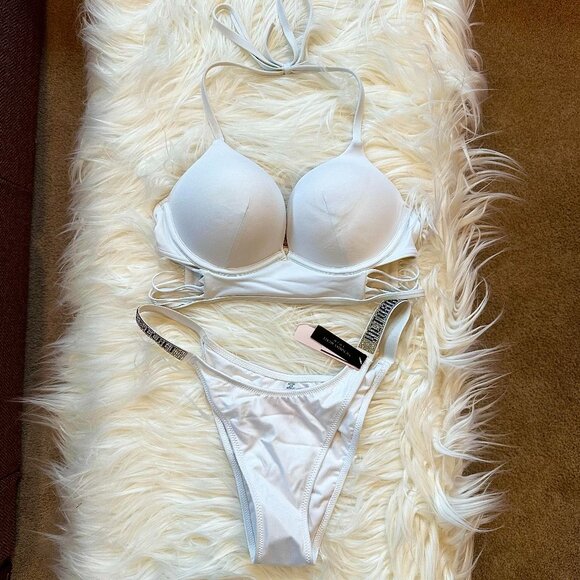 Victoria's Secret Longline Strappy Bikini Top & Rhinestone Shine Bottoms 32C | M - Picture 1 of 8